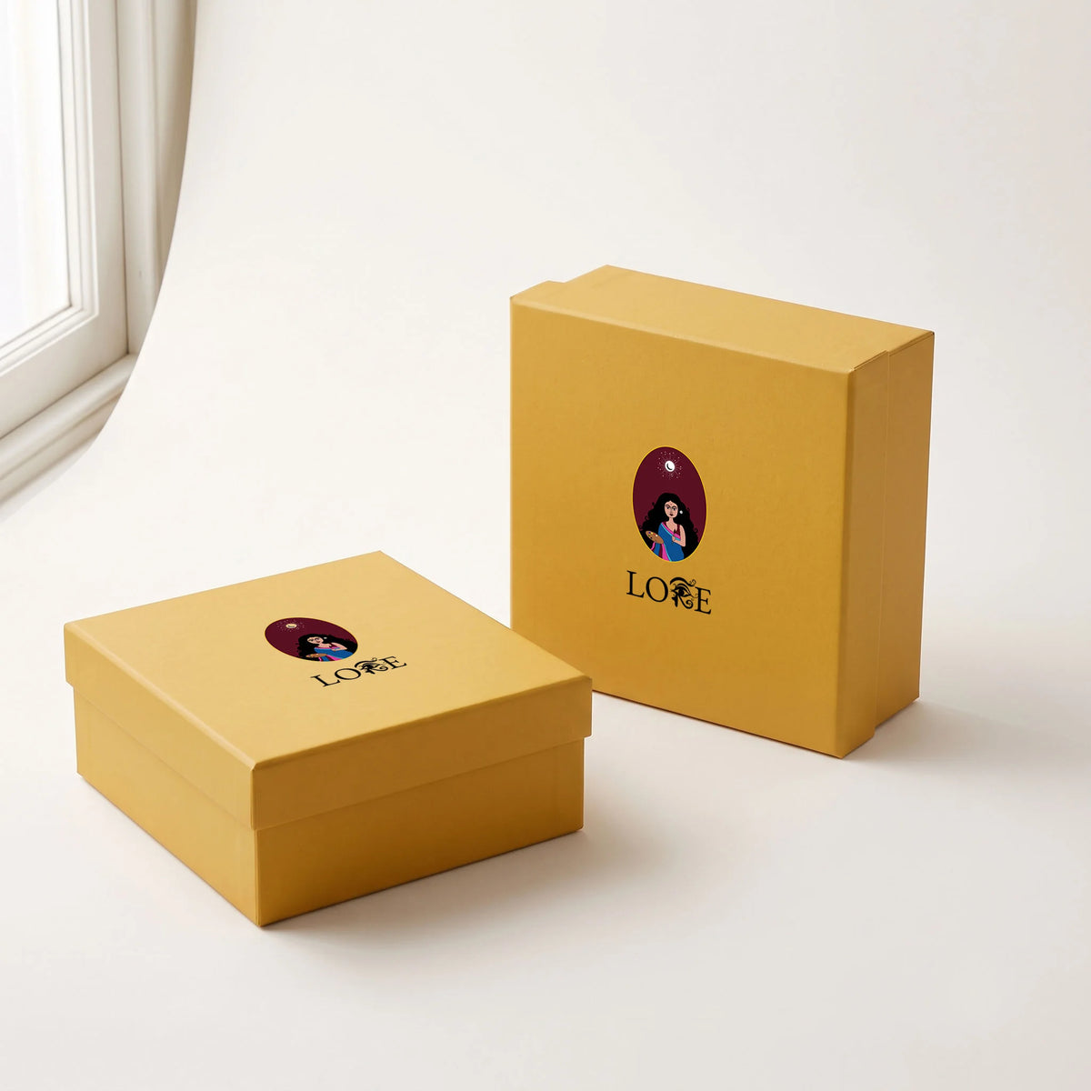 Lore Roshni Diwali gift box in Haldi Yellow with illustrated Lore logo